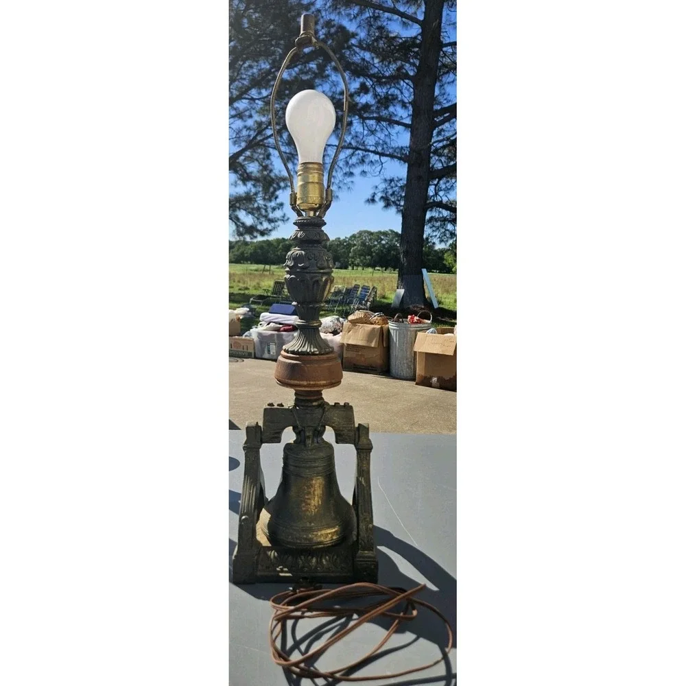 Vintage Brass Liberty Bell Lamp *Tested & Works* No Shade